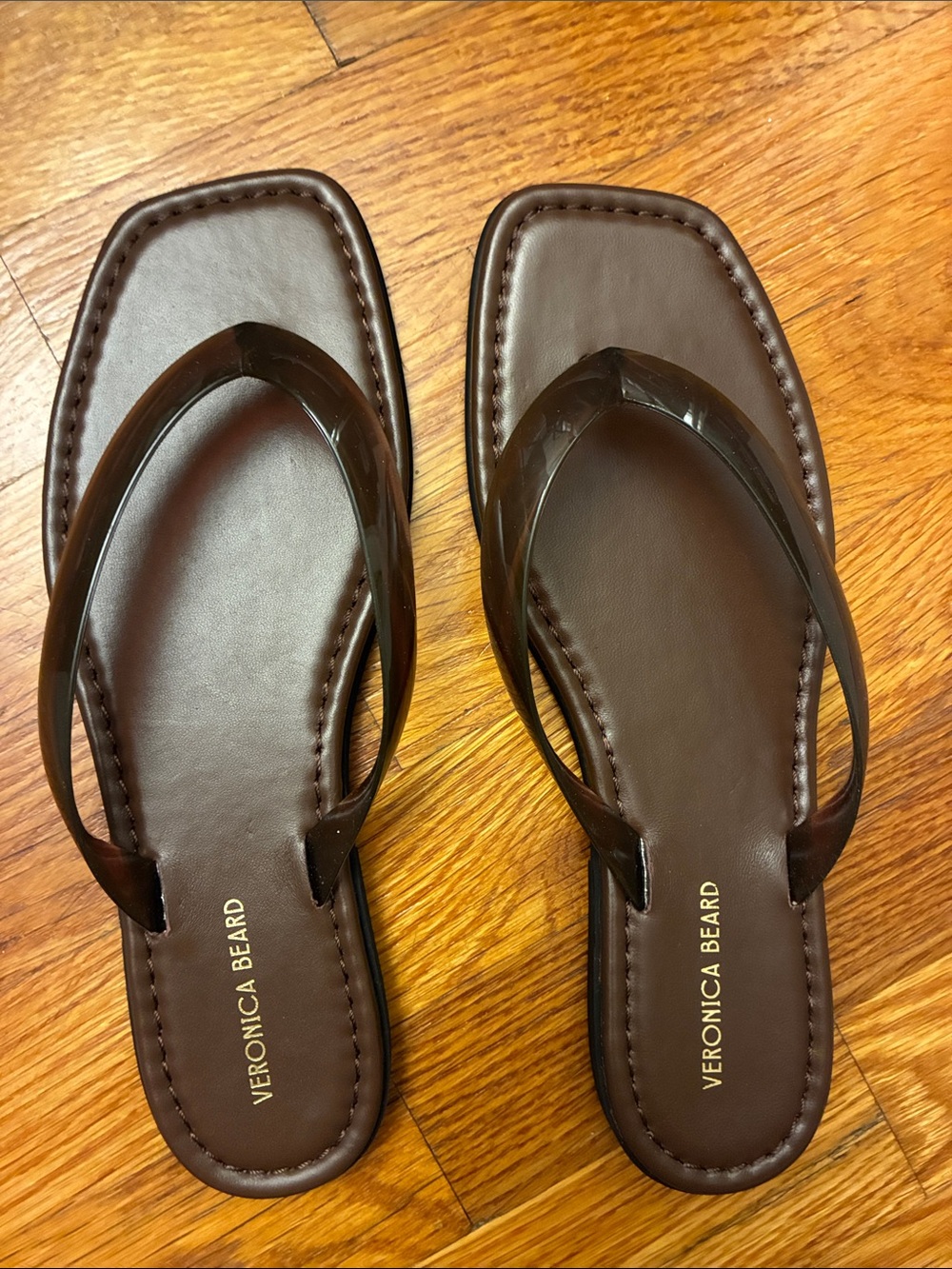 Veronica Beard Clea Dark Brown Square-Toe Leather Flip Sandals